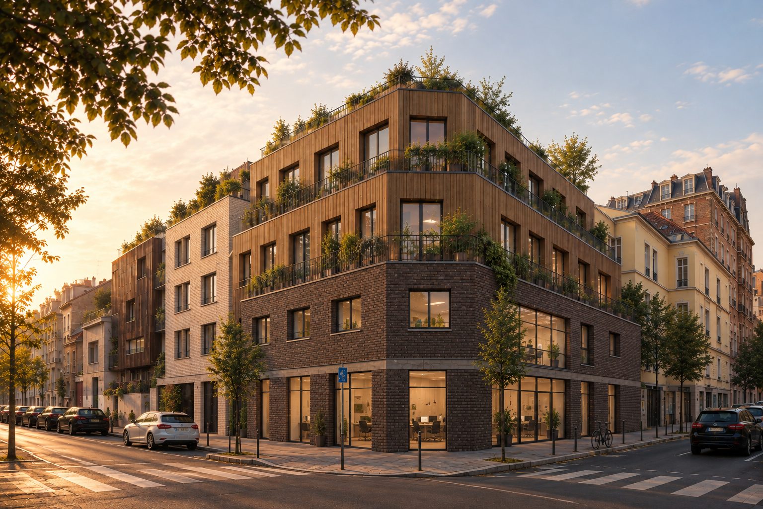 L’Atelier 12, Montreuil - angle de rue, socle brique et étages bois