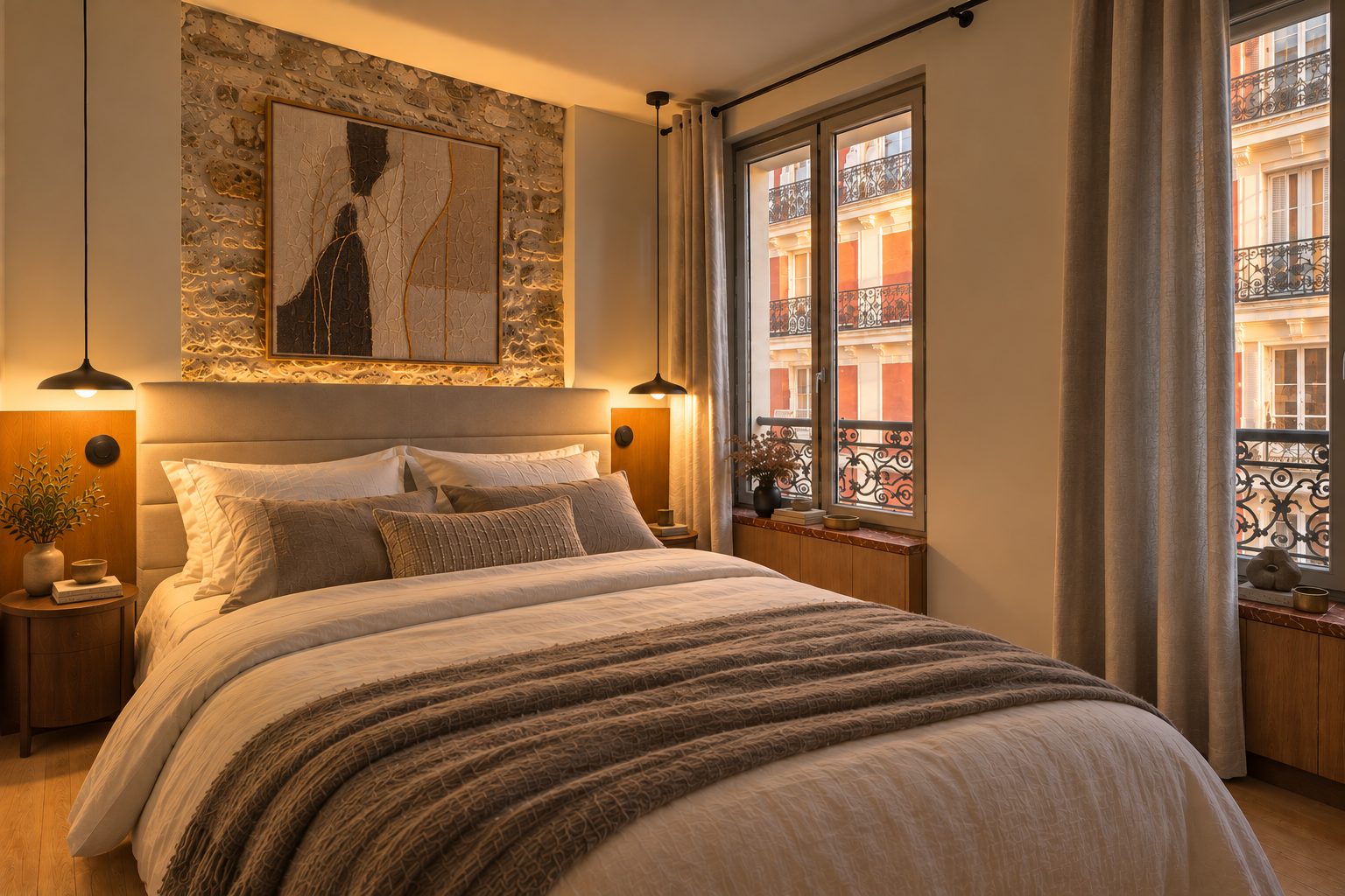 Chambre rénovée, tête de lit en pierre et fenêtre sur cour